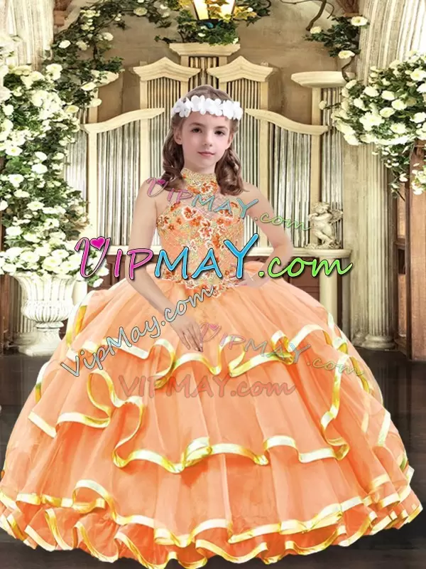 Halter Top Sleeveless Lace Up Kids Formal Wear Orange Organza Appliques and Ruffled Layers