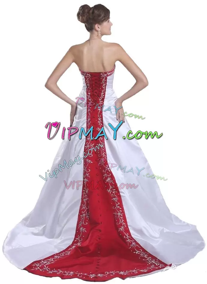 Red and White And Red Sleeveless Floor Length Appliques Lace Up Bridal Gown Strapless