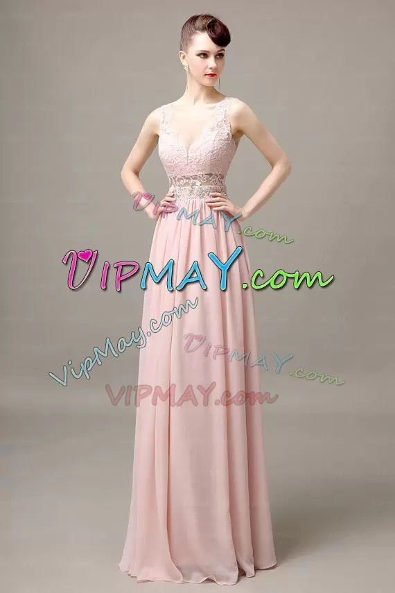 Peach Sleeveless Satin and Organza and Chiffon Lace Up Bridesmaids Dress for Prom and Party and Wedding Party