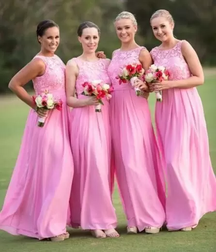 Stunning Sleeveless Chiffon Floor Length Side Zipper Court Dresses for Sweet 16 in Rose Pink with Lace and Appliques