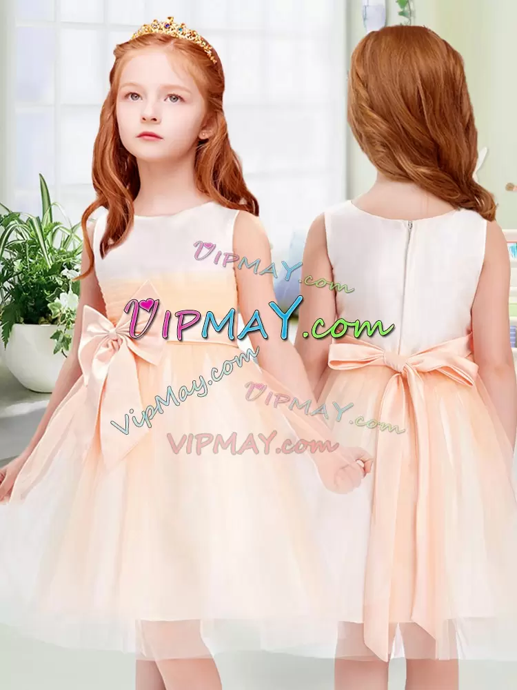 Knee Length Peach Flower Girl Dress Tulle Sleeveless Bowknot