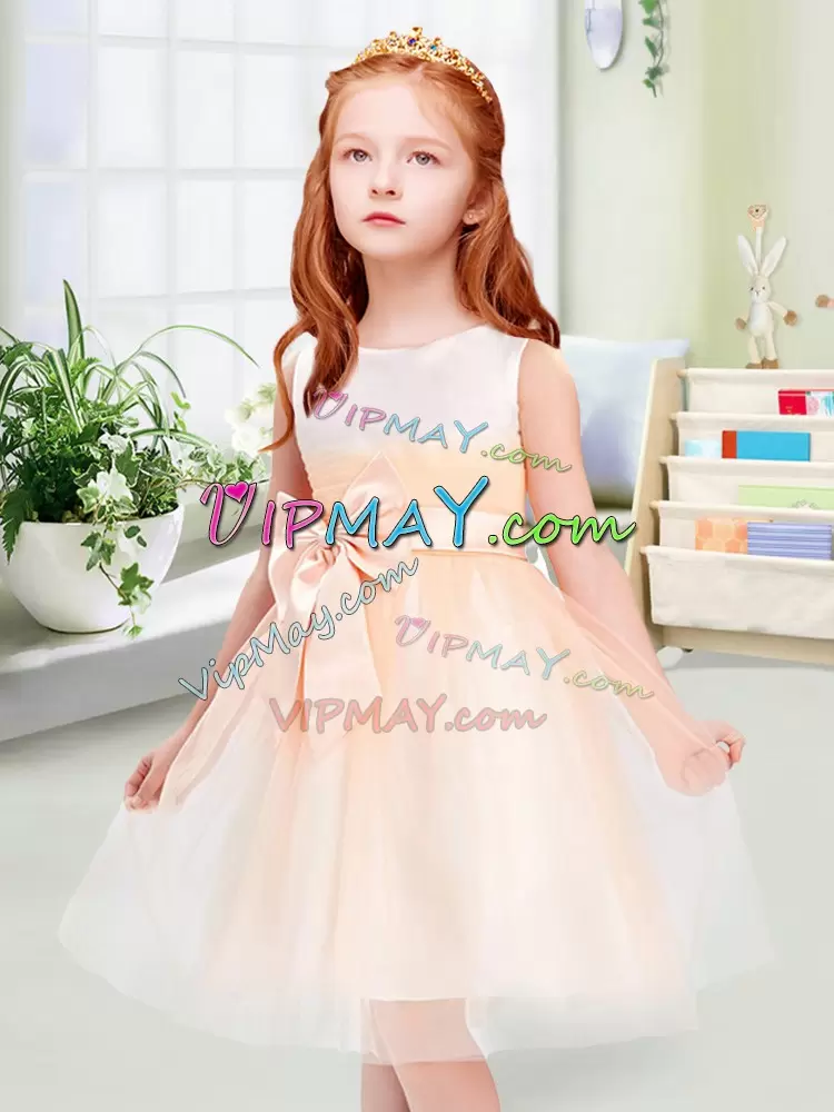 Knee Length Peach Flower Girl Dress Tulle Sleeveless Bowknot