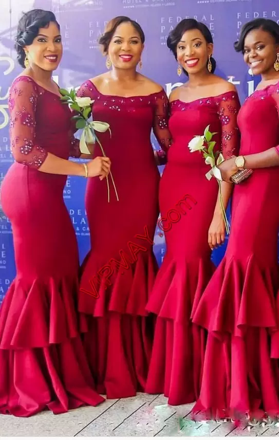 Floor Length Mermaid 3 4 Length Sleeve Wine Red Bridesmaids Dress