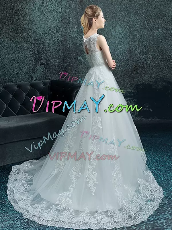 Tulle V-neck Sleeveless Brush Train Lace Up Lace and Appliques Wedding Dresses in White