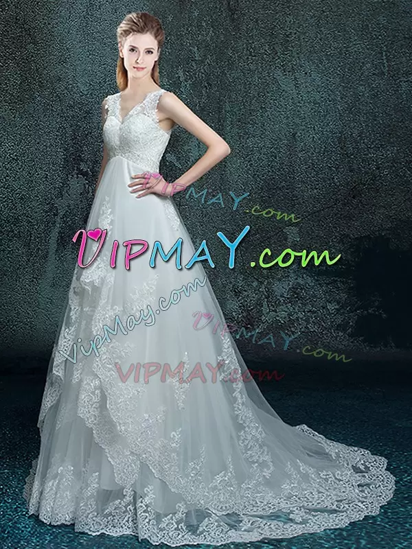 Tulle V-neck Sleeveless Brush Train Lace Up Lace and Appliques Wedding Dresses in White