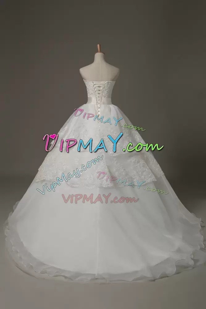 Discount White Wedding Dresses Wedding Party with Beading and Lace and Bowknot Sweetheart Sleeveless Brush Train Lace Up