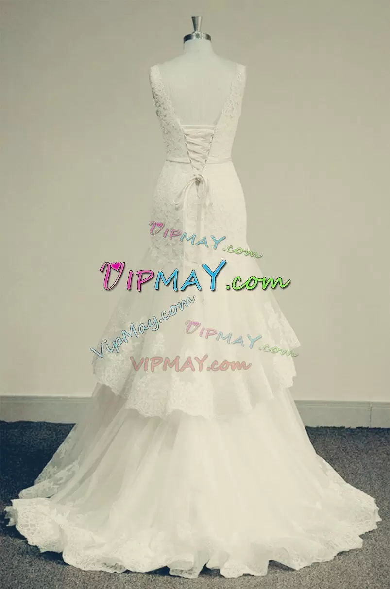 Popular Tulle V-neck Sleeveless Sweep Train Lace Up Appliques Wedding Gowns in White