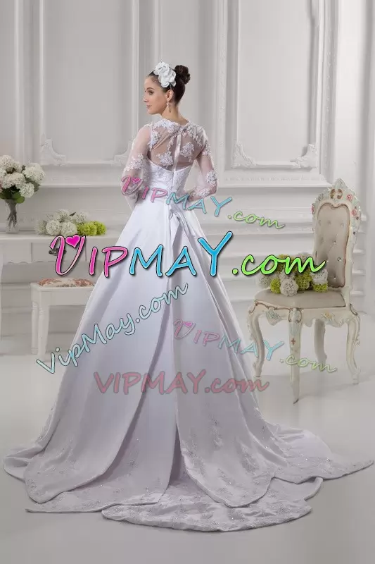 Flare White A-line Scalloped Long Sleeves Satin Court Train Zipper Lace Wedding Gowns