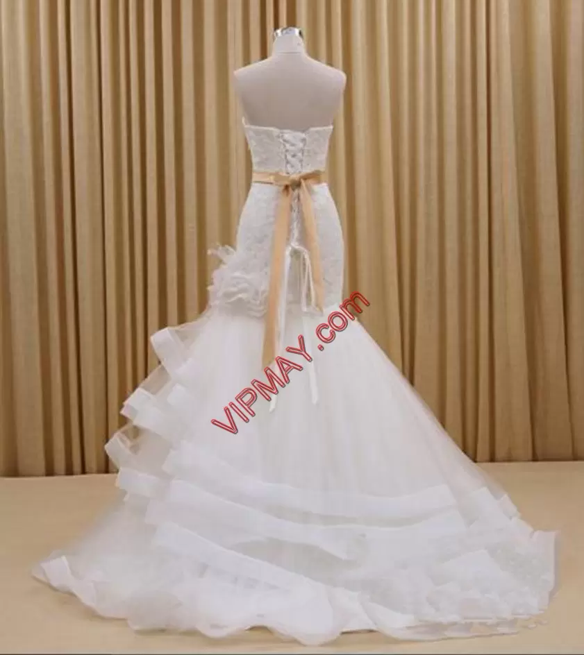 Best White Tulle Lace Up Sweetheart Sleeveless Bridal Gown Brush Train Lace and Ruffled Layers