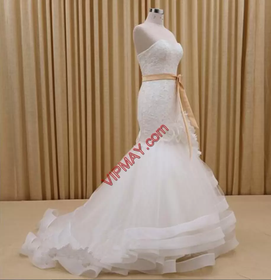 Best White Tulle Lace Up Sweetheart Sleeveless Bridal Gown Brush Train Lace and Ruffled Layers