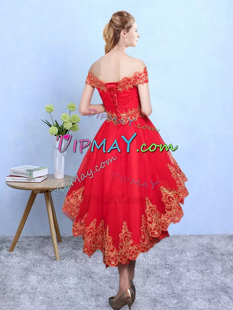 Fantastic Wine Red Lace Up Bridesmaid Dresses Appliques Sleeveless High Low