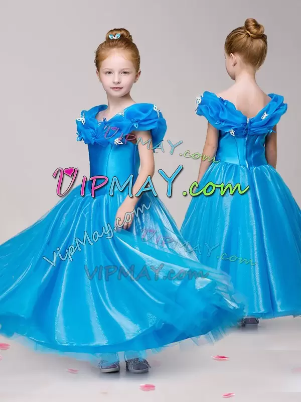 Blue Ball Gowns Appliques Kids Pageant Dress Zipper Tulle Cap Sleeves Ankle Length