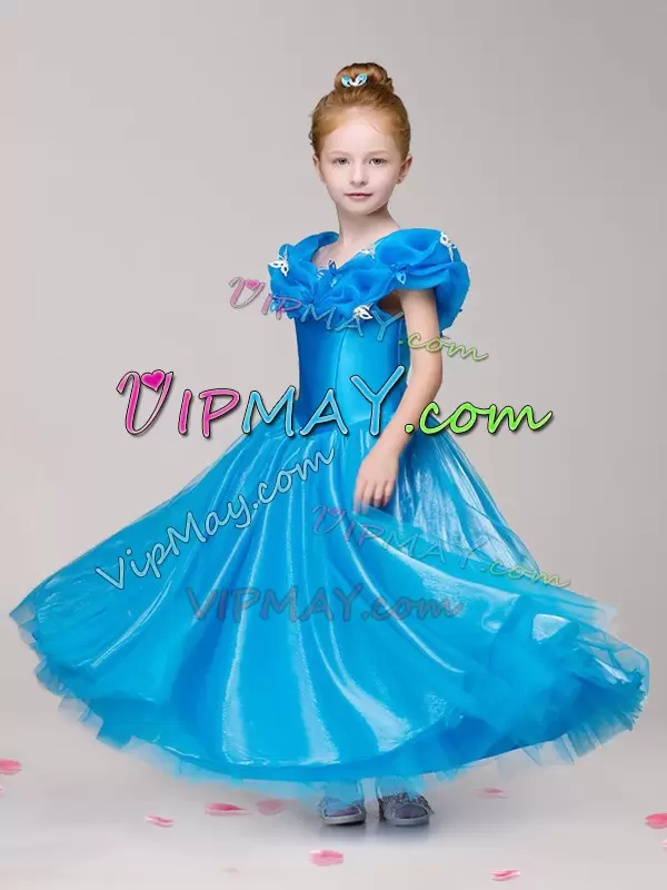 Blue Ball Gowns Appliques Kids Pageant Dress Zipper Tulle Cap Sleeves Ankle Length