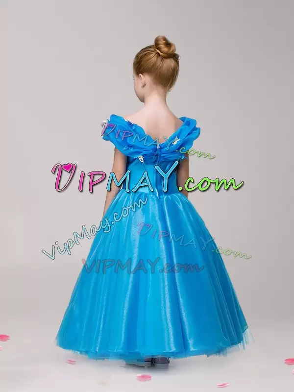 Blue Ball Gowns Appliques Kids Pageant Dress Zipper Tulle Cap Sleeves Ankle Length