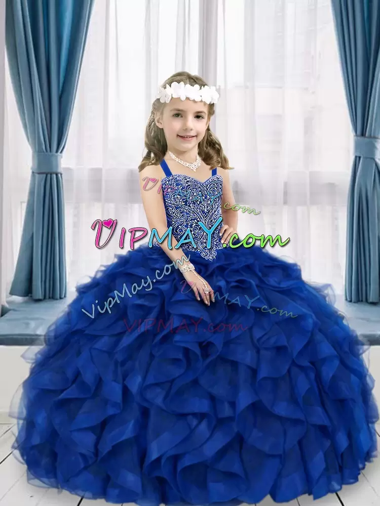 Latest Straps Sleeveless Tulle Little Girls Pageant Gowns Beading and Ruffles Lace Up