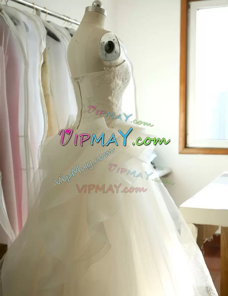 Fabulous White Strapless Neckline Lace and Appliques Wedding Gown Sleeveless Zipper