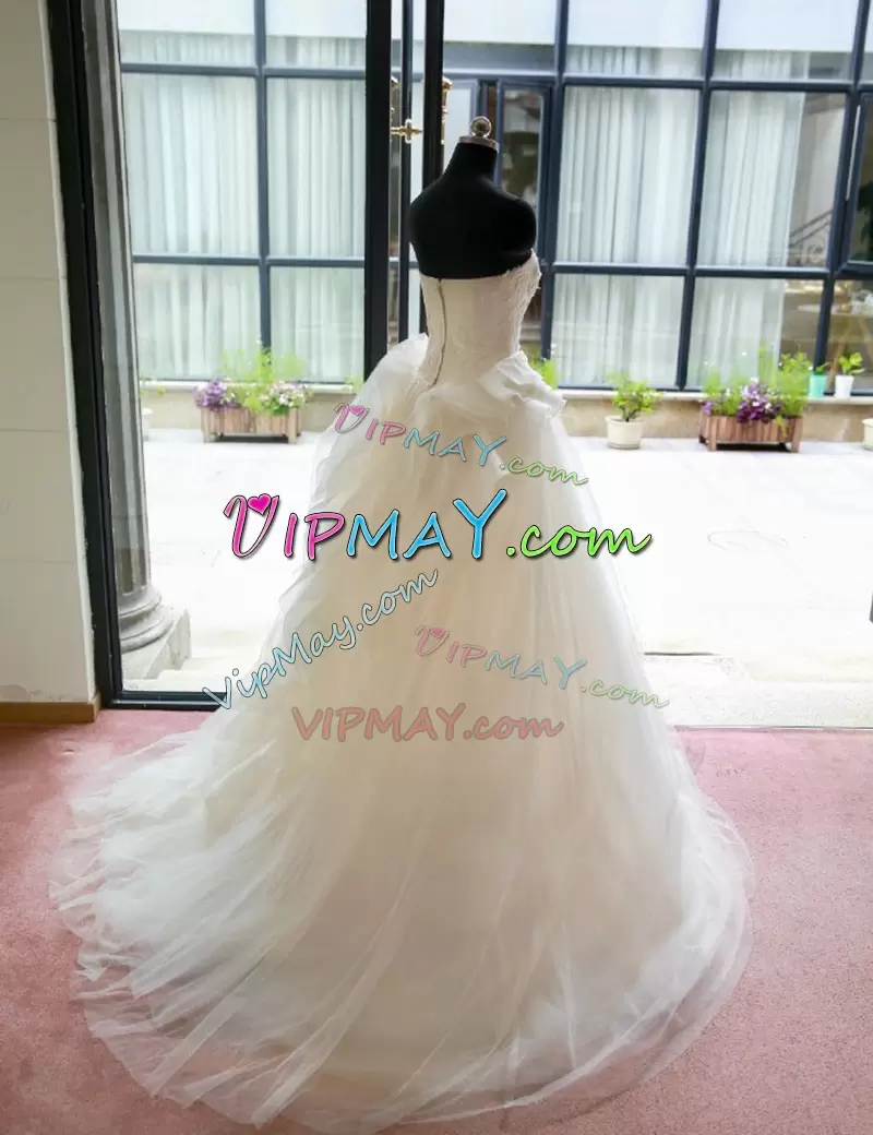 Fabulous White Strapless Neckline Lace and Appliques Wedding Gown Sleeveless Zipper