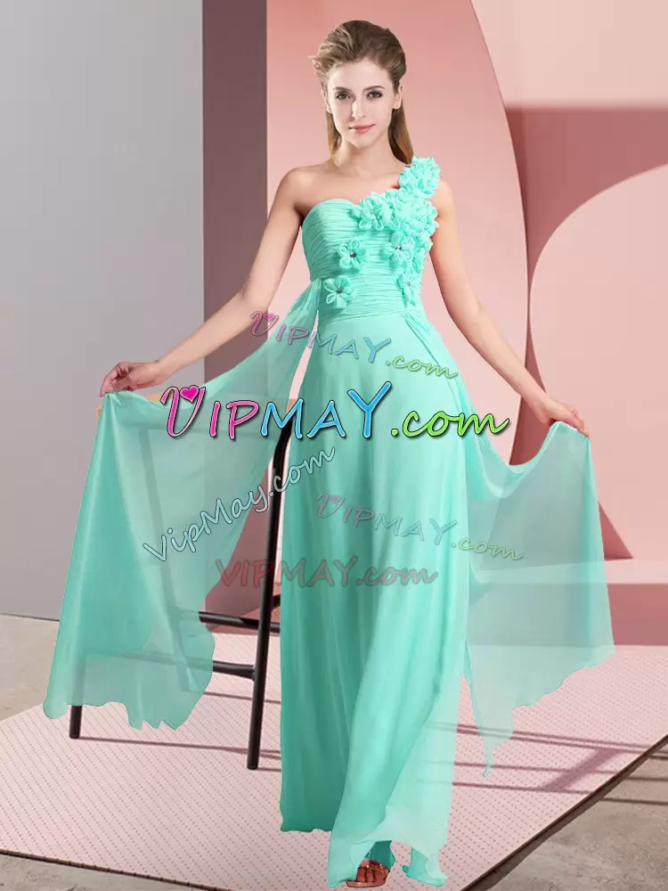 Beauteous One Shoulder Sleeveless Bridesmaid Dress Floor Length Hand Made Flower Apple Green Chiffon