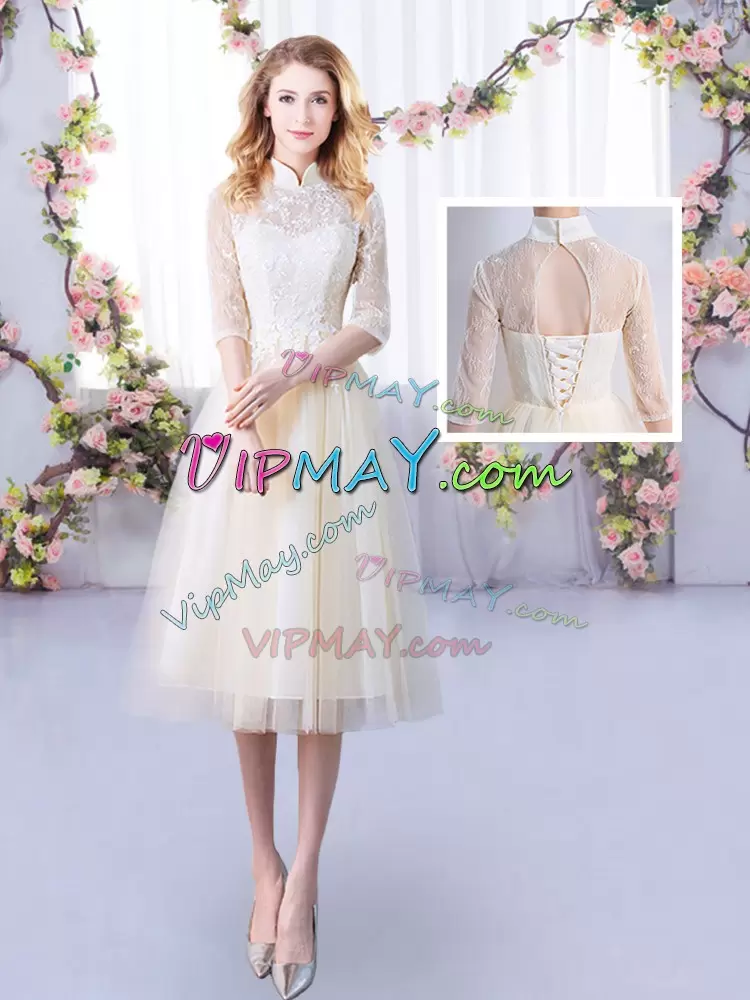 Customized Tea Length Lace Up Wedding Party Dress Champagne for Wedding Party with Lace