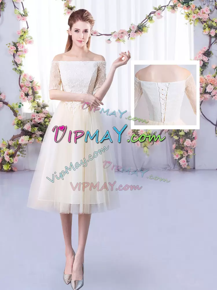 Customized Tea Length Lace Up Wedding Party Dress Champagne for Wedding Party with Lace