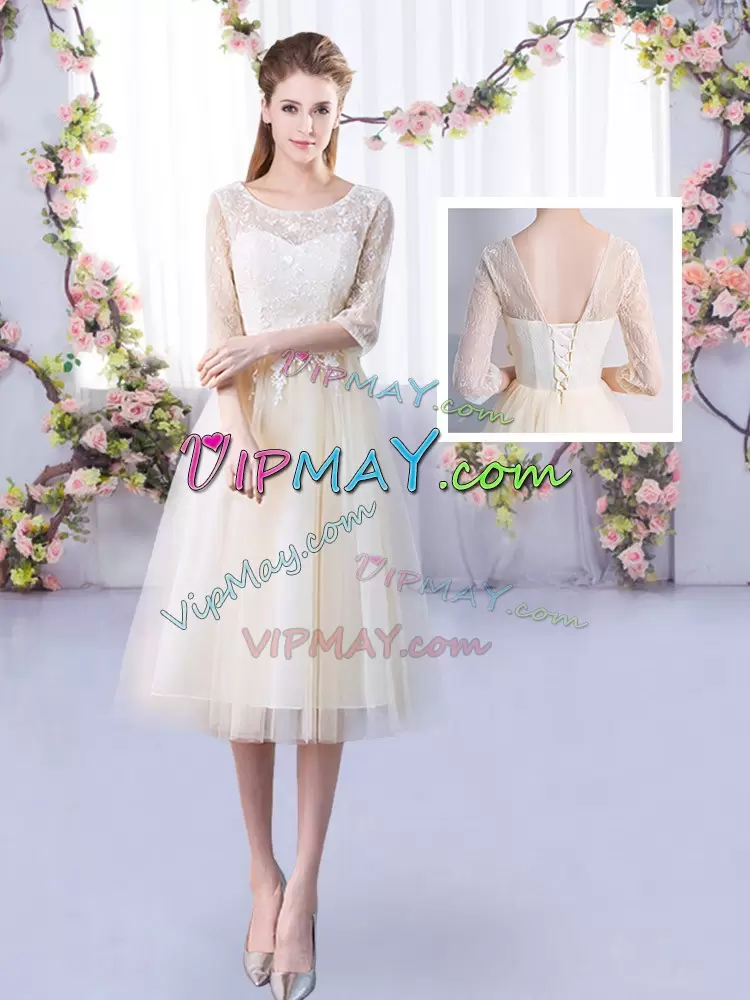 Customized Tea Length Lace Up Wedding Party Dress Champagne for Wedding Party with Lace