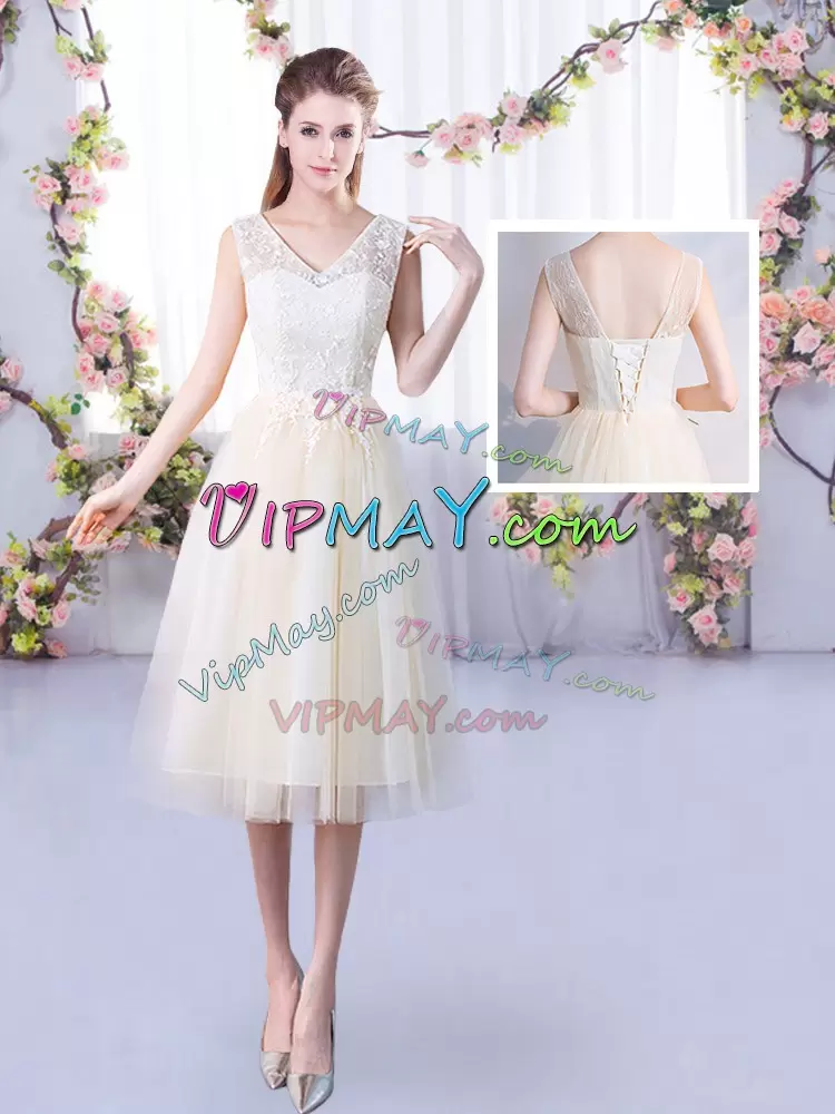 Customized Tea Length Lace Up Wedding Party Dress Champagne for Wedding Party with Lace