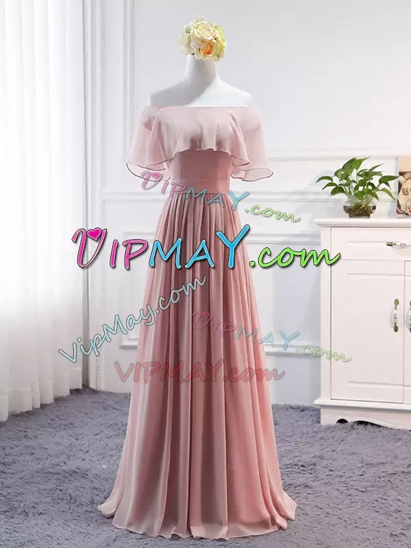 Pink Chiffon Lace Up Off The Shoulder Short Sleeves Floor Length Wedding Party Dress Pleated