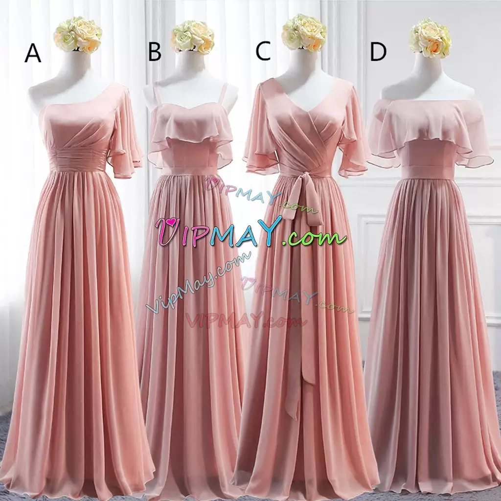 Pink Chiffon Lace Up Off The Shoulder Short Sleeves Floor Length Wedding Party Dress Pleated