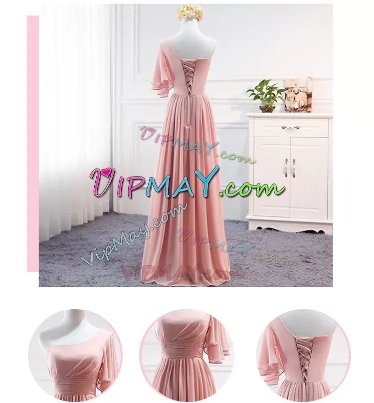 Pink Chiffon Lace Up Off The Shoulder Short Sleeves Floor Length Wedding Party Dress Pleated