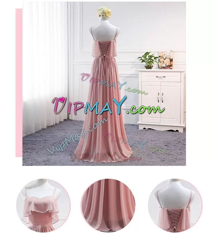 Pink Chiffon Lace Up Off The Shoulder Short Sleeves Floor Length Wedding Party Dress Pleated