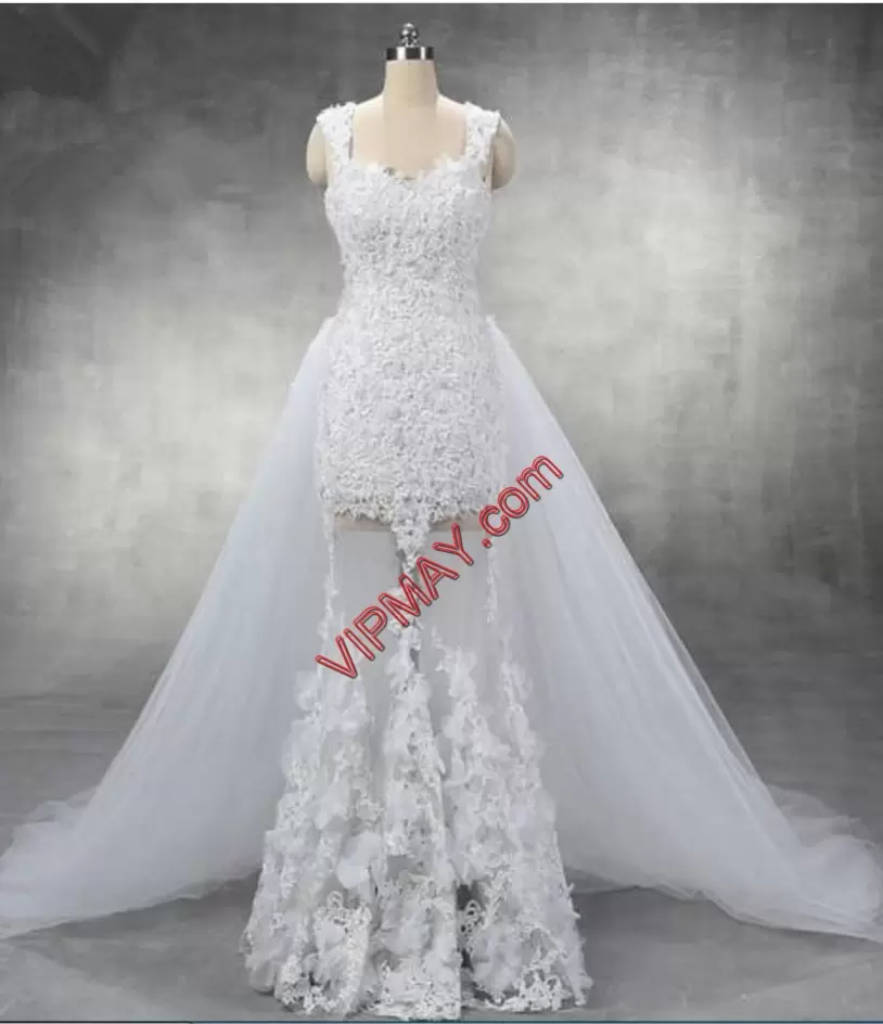 Superior Lace and Appliques Wedding Dresses White Lace Up Sleeveless Watteau Train