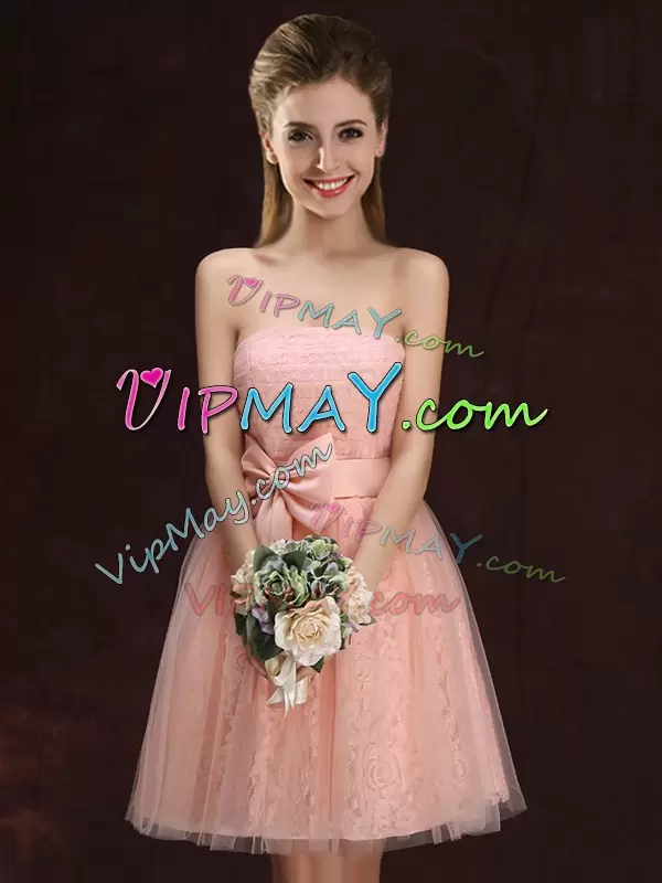 Fantastic Peach Tulle and Lace Lace Up Strapless Sleeveless Mini Length Bridesmaids Dress Lace and Bowknot