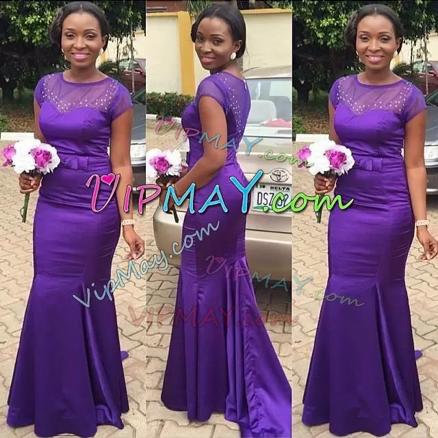 Elegant Scoop Short Sleeves Bridesmaid Dresses Purple Satin Beading and Ruching