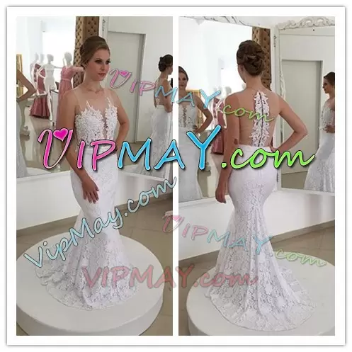 Attractive Brush Train Mermaid Bridal Gown White Scoop Lace Sleeveless Zipper