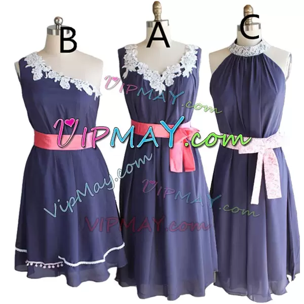 Navy Blue Sleeveless Appliques and Ruching and Belt Mini Length Bridesmaid Dresses