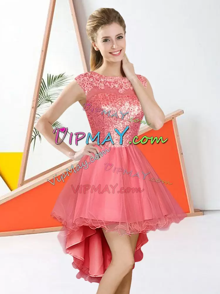 On Sale Watermelon Red A-line Beading and Lace Wedding Guest Dresses Backless Organza Sleeveless High Low