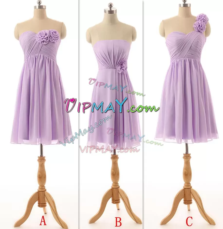 Glittering Lavender Sleeveless Ruching and Hand Made Flower Mini Length Wedding Party Dress