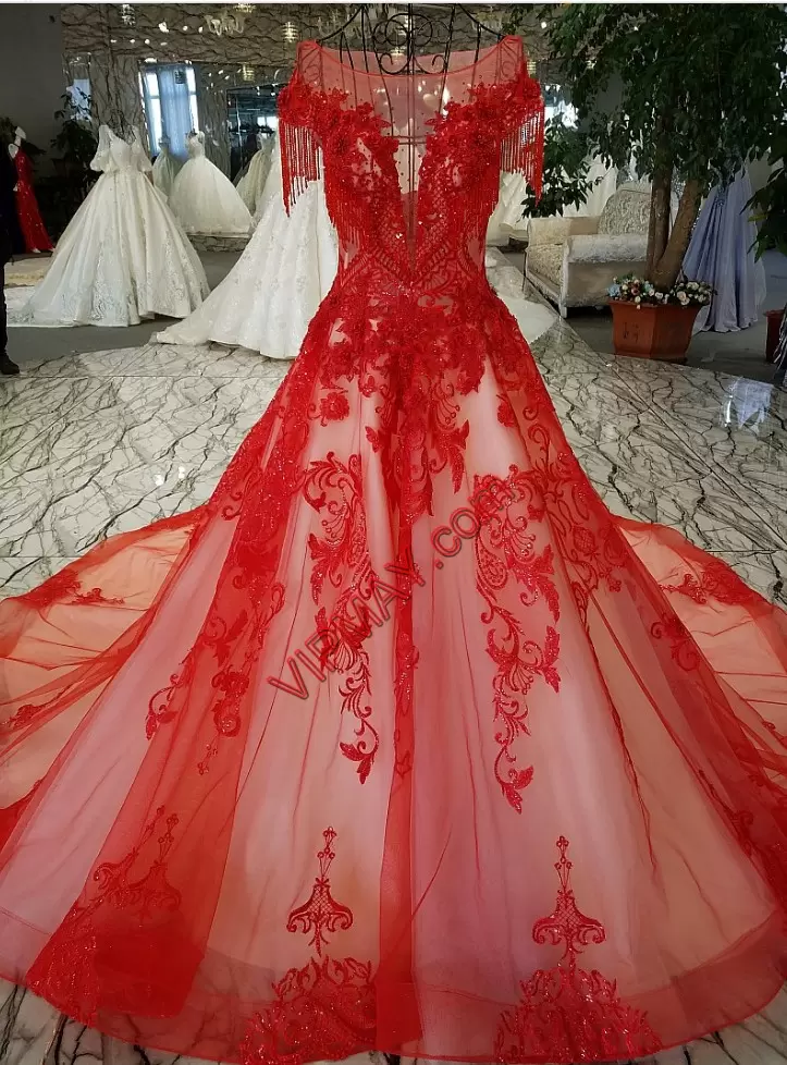 Red Cap Sleeves Beading and Appliques Lace Up Bridal Gown Scoop