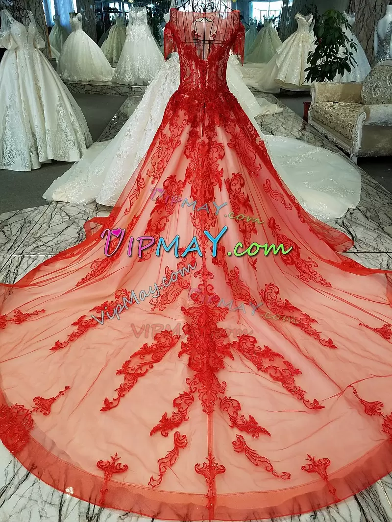 Red Cap Sleeves Beading and Appliques Lace Up Bridal Gown Scoop