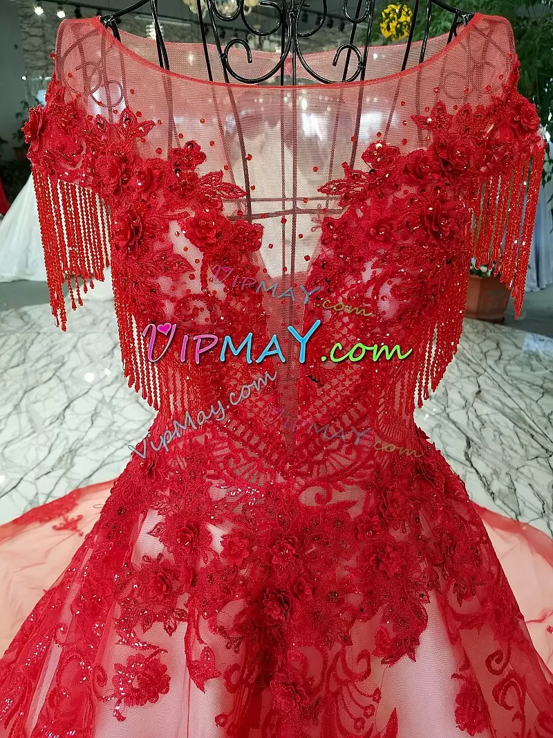 Red Cap Sleeves Beading and Appliques Lace Up Bridal Gown Scoop