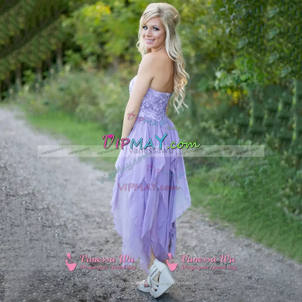 Sleeveless Chiffon and Lace High Low Zipper Bridesmaid Dress in Lilac with Lace