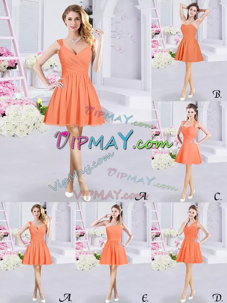 Hot Sale Orange Bridesmaid Dress Prom and Party and Wedding Party with Ruching Strapless Sleeveless Zipper