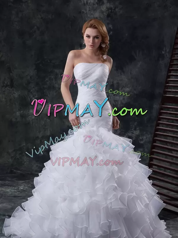 Best White Wedding Gowns Wedding Party with Ruffles and Ruching Strapless Sleeveless Brush Train Lace Up