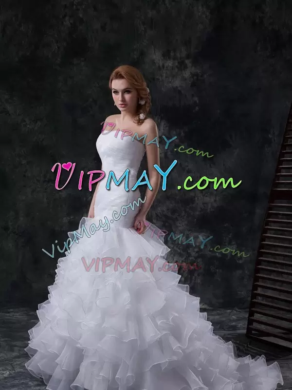 Best White Wedding Gowns Wedding Party with Ruffles and Ruching Strapless Sleeveless Brush Train Lace Up