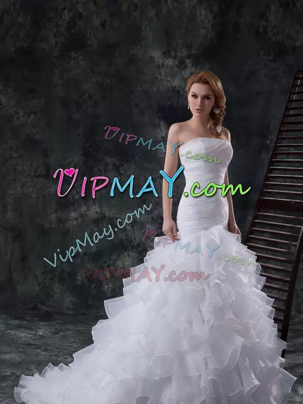 Best White Wedding Gowns Wedding Party with Ruffles and Ruching Strapless Sleeveless Brush Train Lace Up