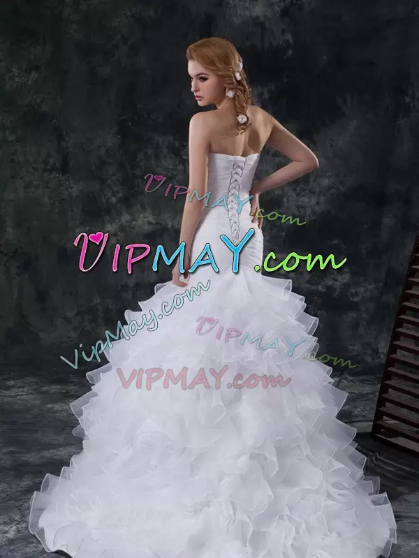 Best White Wedding Gowns Wedding Party with Ruffles and Ruching Strapless Sleeveless Brush Train Lace Up