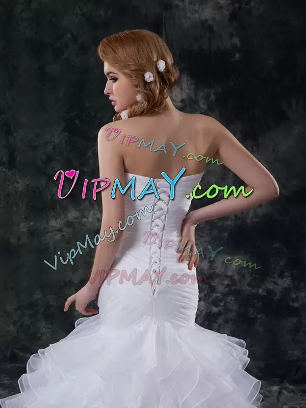 Best White Wedding Gowns Wedding Party with Ruffles and Ruching Strapless Sleeveless Brush Train Lace Up