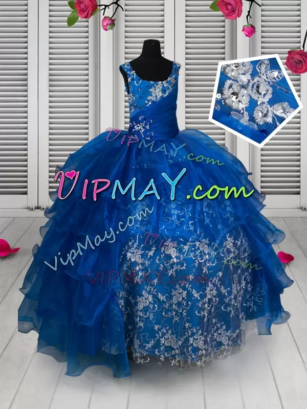 Royal Blue Sleeveless Floor Length Beading and Lace and Ruffled Layers Lace Up Custom Made Pageant Dress Scoop