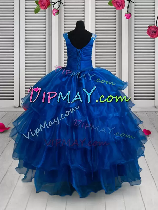 Royal Blue Sleeveless Floor Length Beading and Lace and Ruffled Layers Lace Up Custom Made Pageant Dress Scoop