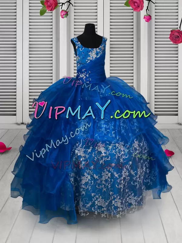 Royal Blue Sleeveless Floor Length Beading and Lace and Ruffled Layers Lace Up Custom Made Pageant Dress Scoop